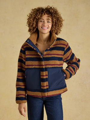 Joules Lottie Tan Brown Stripe Zip Through Borg Fleece