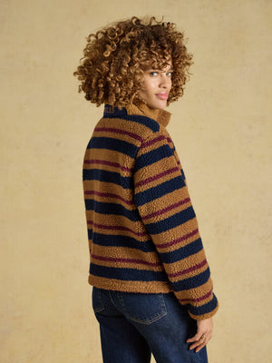 Joules Lottie Tan Brown Stripe Zip Through Borg Fleece