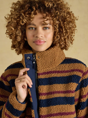Joules Lottie Tan Brown Stripe Zip Through Borg Fleece