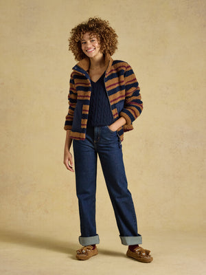 Joules Lottie Tan Brown Stripe Zip Through Borg Fleece
