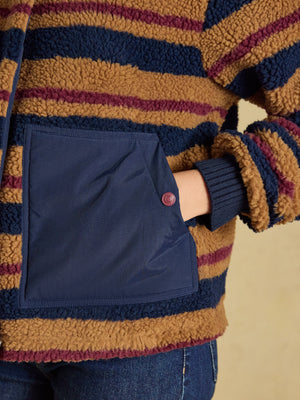 Joules Lottie Tan Brown Stripe Zip Through Borg Fleece