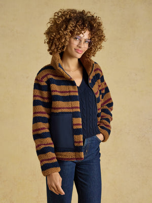 Joules Lottie Tan Brown Stripe Zip Through Borg Fleece