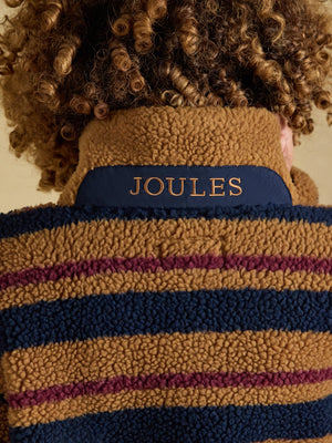 Joules Lottie Tan Brown Stripe Zip Through Borg Fleece