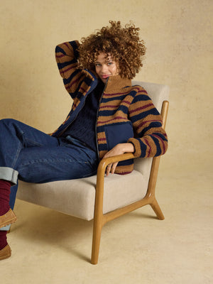 Joules Lottie Tan Brown Stripe Zip Through Borg Fleece
