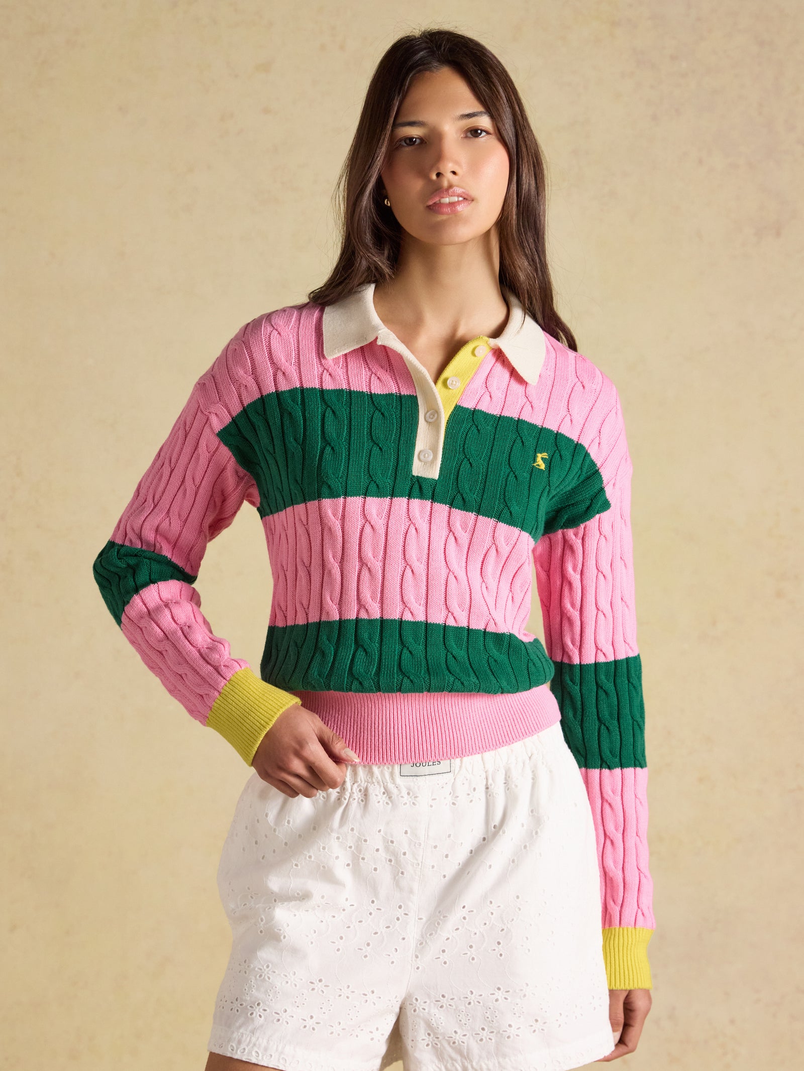 Joules Pink & Green Stripe Cable Knit Rugby Sweater