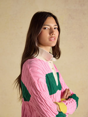 Joules Pink & Green Stripe Cable Knit Rugby Sweater