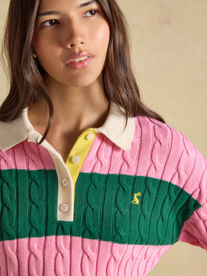 Joules Pink & Green Stripe Cable Knit Rugby Sweater