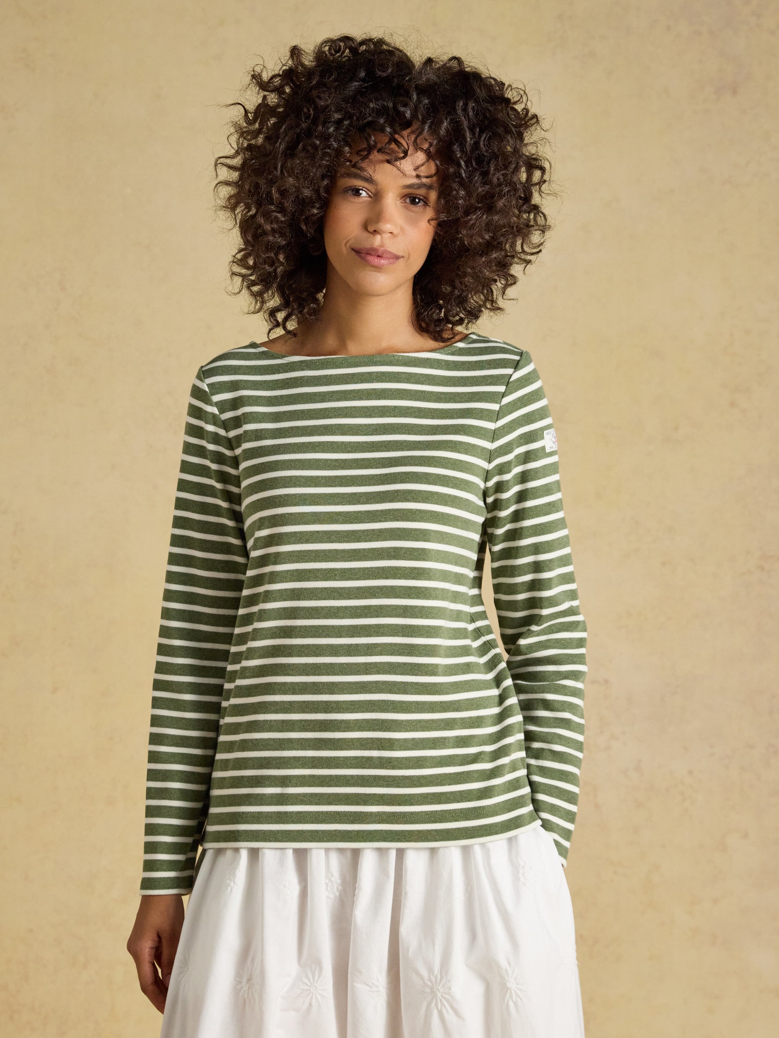 Joules Harbour Khaki Marl & Cream Stripe Long Sleeve Striped Boat Neck Harbour Breton Top