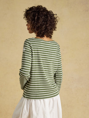 Joules Harbour Khaki Marl & Cream Stripe Long Sleeve Striped Boat Neck Harbour Breton Top