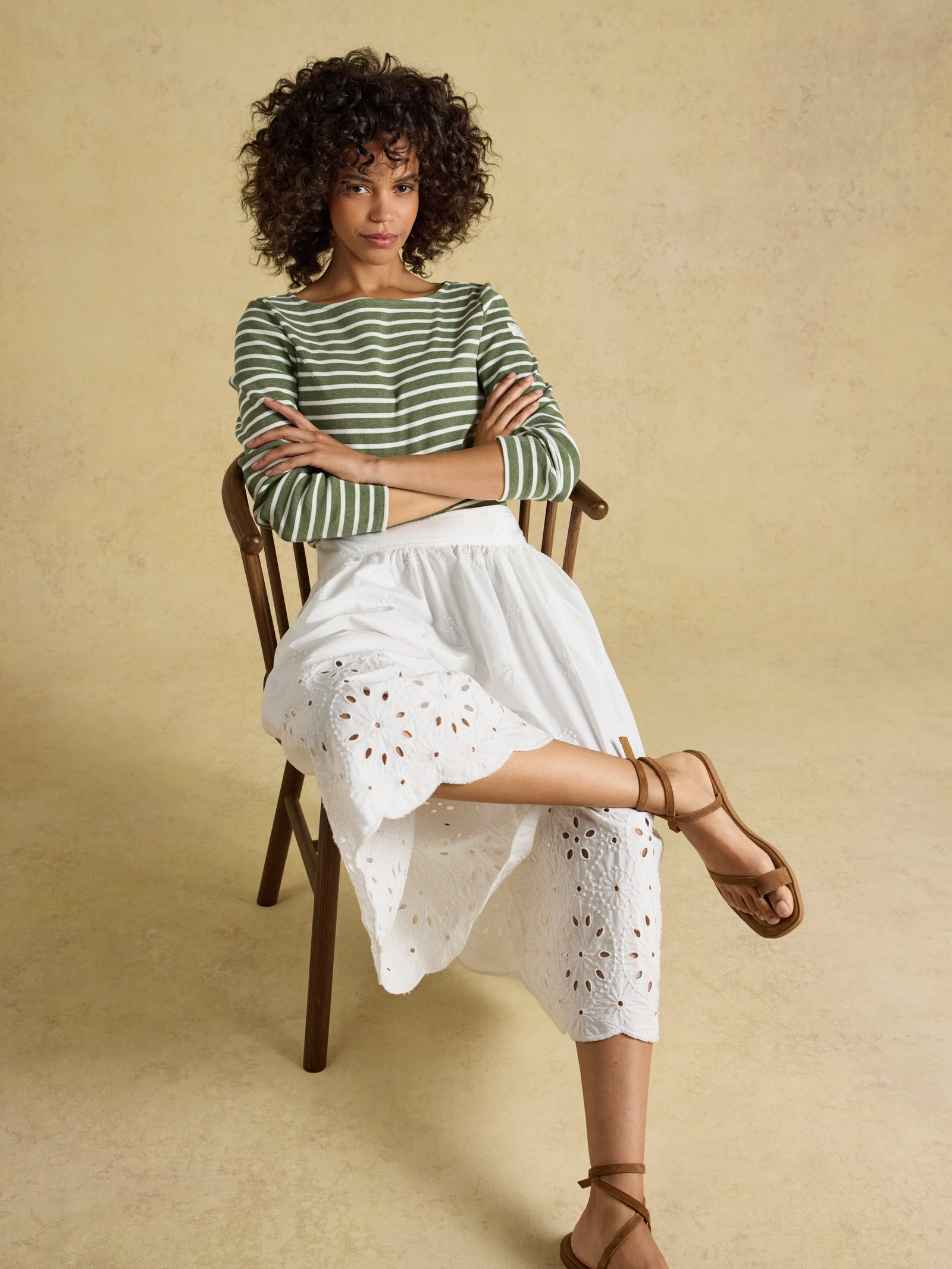 Joules Harbour Khaki Marl & Cream Stripe Long Sleeve Striped Boat Neck Harbour Breton Top