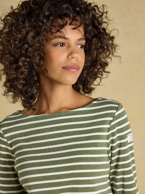 Joules Harbour Khaki Marl & Cream Stripe Long Sleeve Striped Boat Neck Harbour Breton Top