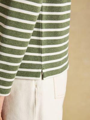 Joules Harbour Khaki Marl & Cream Stripe Long Sleeve Striped Boat Neck Harbour Breton Top