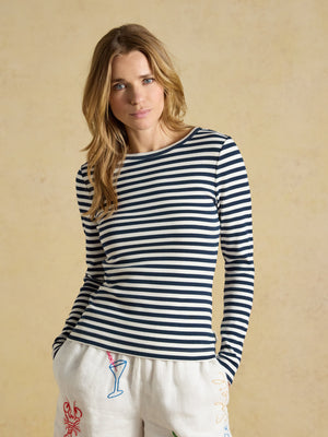 Joules Sophie Navy Striped Long Sleeve Ribbed Fitted T-Shirt