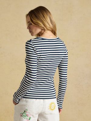Joules Sophie Navy Striped Long Sleeve Ribbed Fitted T-Shirt