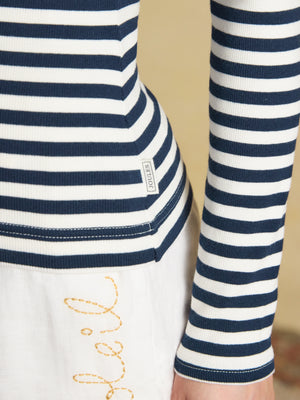 Joules Sophie Navy Striped Long Sleeve Ribbed Fitted T-Shirt