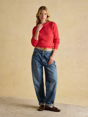 Joules Classic Cable Red Cotton Crew Neck Jumper