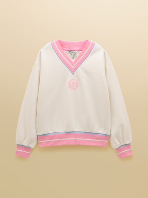 Joules Cream Cotton Rich Embroidered Sporty Varsity Sweatshirt