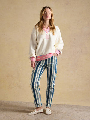 Joules Cream Cotton Rich Embroidered Sporty Varsity Sweatshirt