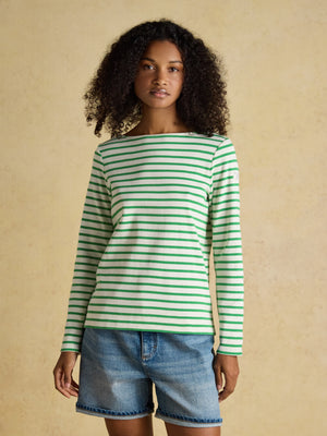 Joules Harbour Cream/Green Boat Neck Long Sleeve Breton Stripe Top