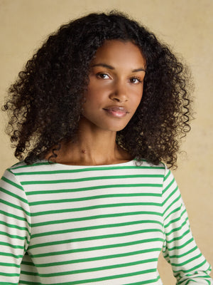 Joules Harbour Cream/Green Boat Neck Long Sleeve Breton Stripe Top
