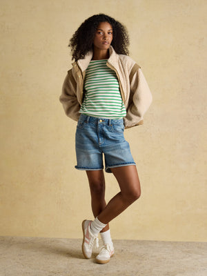 Joules Harbour Cream/Green Boat Neck Long Sleeve Breton Stripe Top