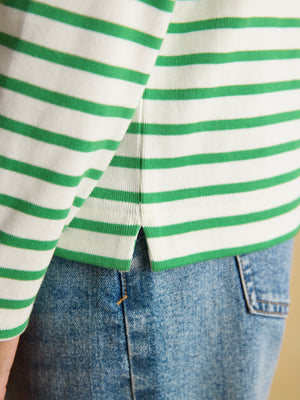 Joules Harbour Cream/Green Boat Neck Long Sleeve Breton Stripe Top