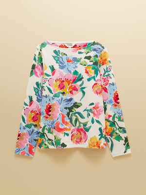 Joules Harbour White Artist Floral Printed Boat Neck Breton Top