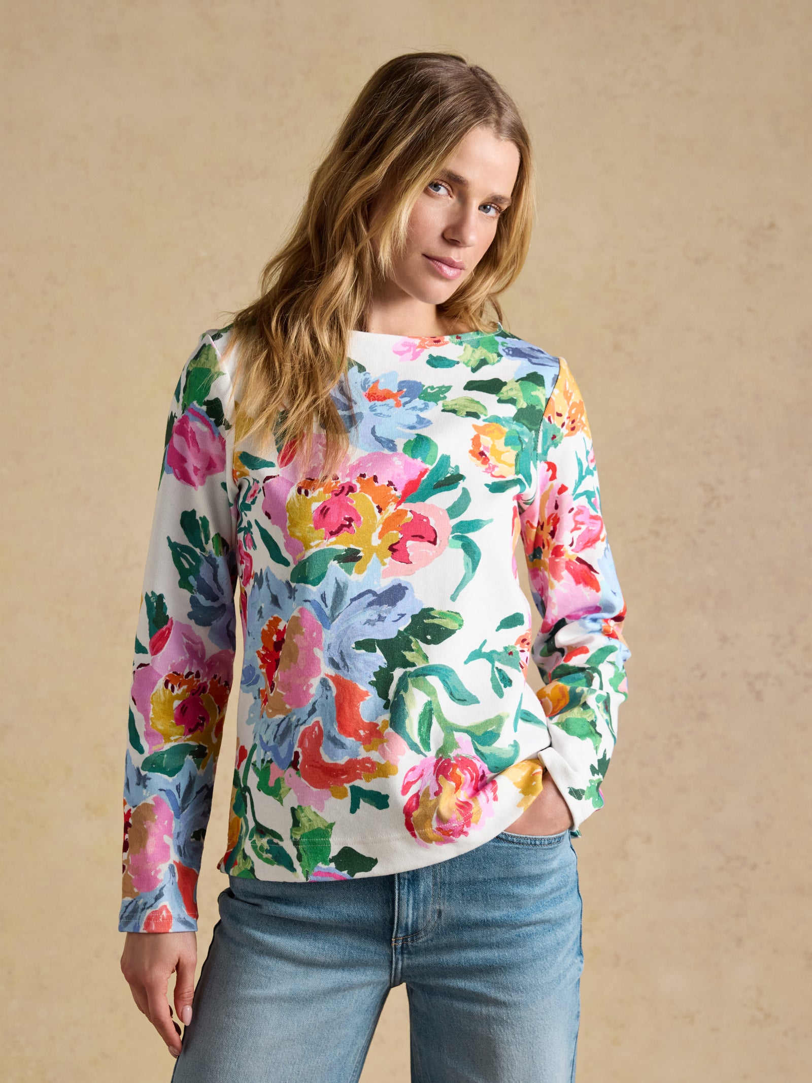Joules Harbour White Artist Floral Printed Boat Neck Breton Top