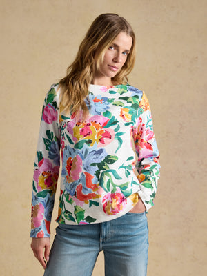 Joules Harbour White Artist Floral Printed Boat Neck Breton Top