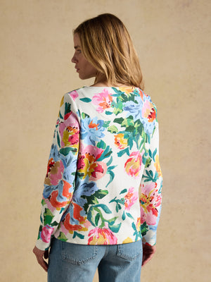 Joules Harbour White Artist Floral Printed Boat Neck Breton Top