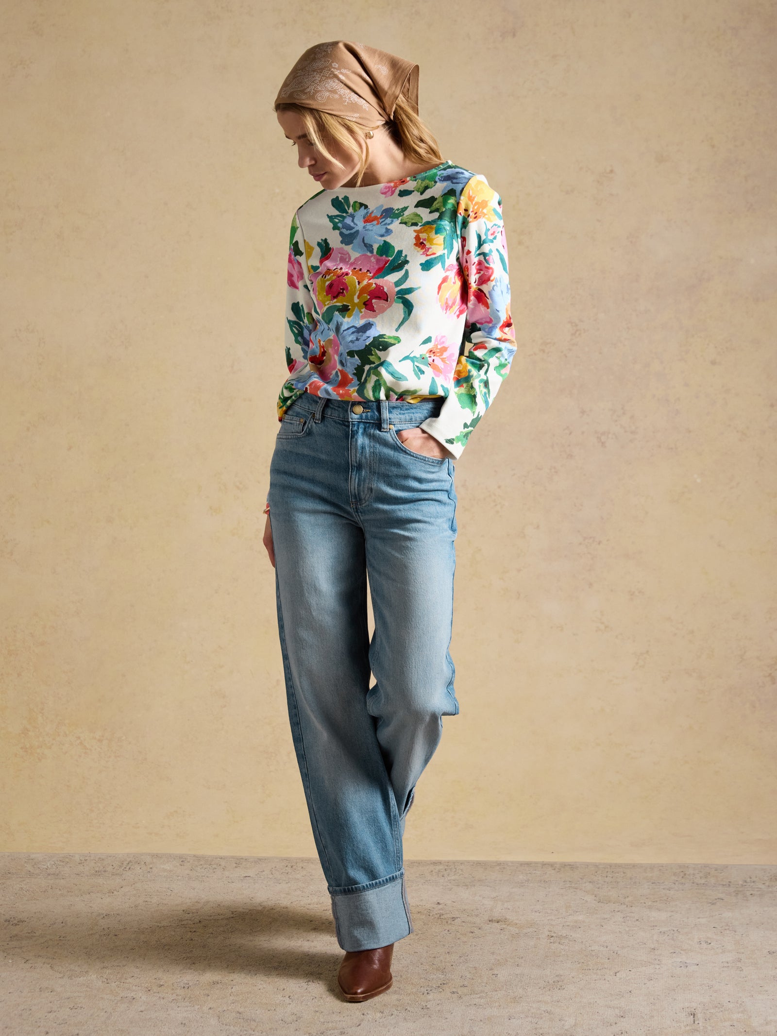 Joules Harbour White Artist Floral Printed Boat Neck Breton Top