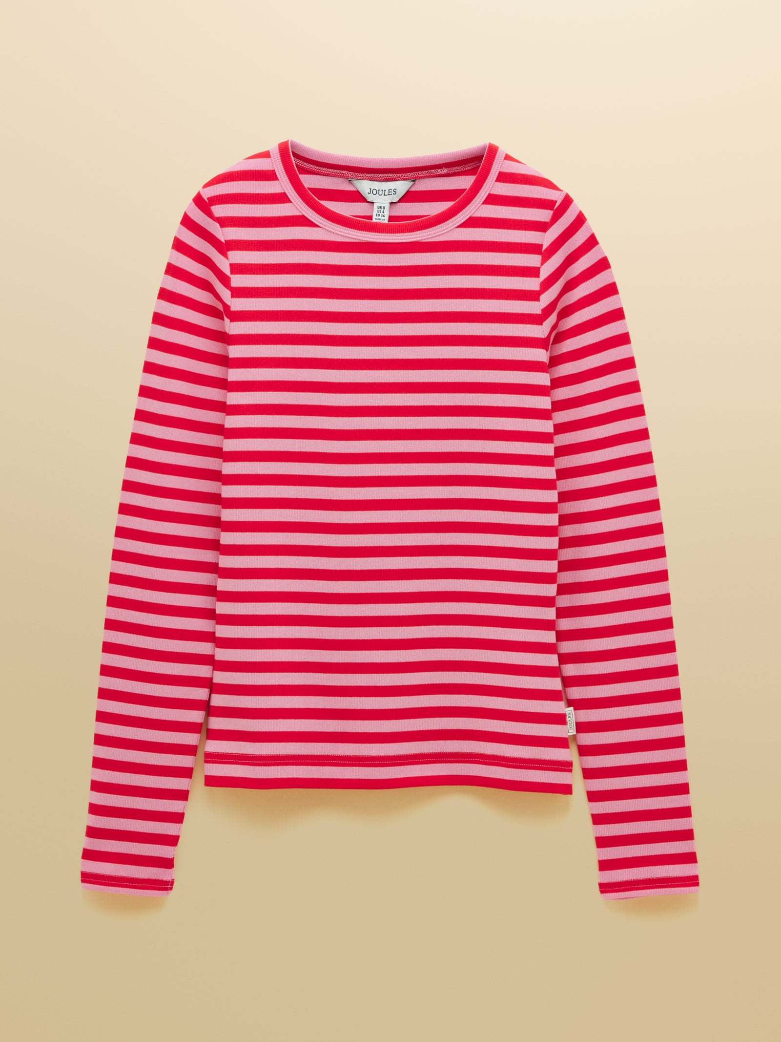 Joules Sophie Red Pink Stripe Long Sleeve Ribbed Fitted Top