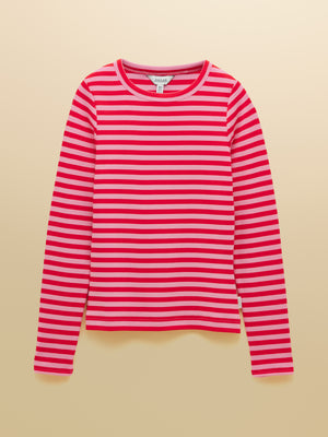Joules Sophie Red Pink Stripe Long Sleeve Ribbed Fitted Top
