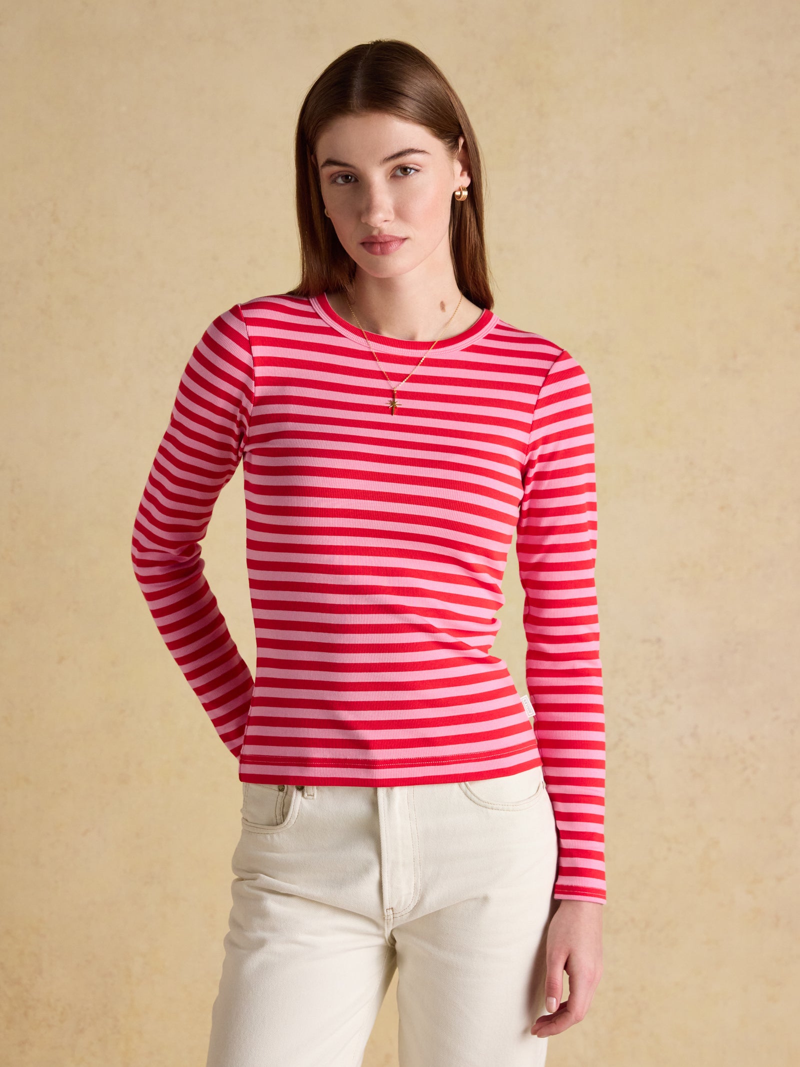 Joules Sophie Red Pink Stripe Long Sleeve Ribbed Fitted Top