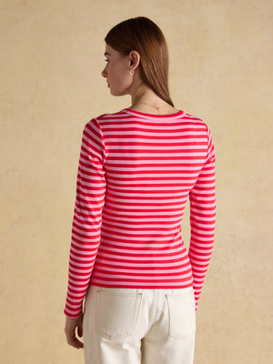 Joules Sophie Red Pink Stripe Long Sleeve Ribbed Fitted Top