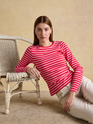Joules Sophie Red Pink Stripe Long Sleeve Ribbed Fitted Top