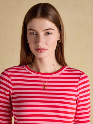 Joules Sophie Red Pink Stripe Long Sleeve Ribbed Fitted Top