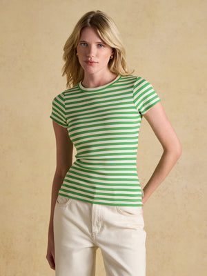 Joules Sophie Green Striped Short Sleeve Ribbed Fitted T-Shirt