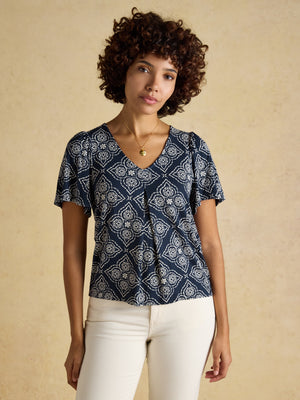 Joules Nia Navy Geo Pleat Front Short Sleeve Jersey Top