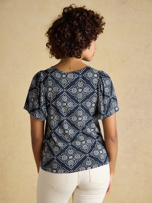 Joules Nia Navy Geo Pleat Front Short Sleeve Jersey Top