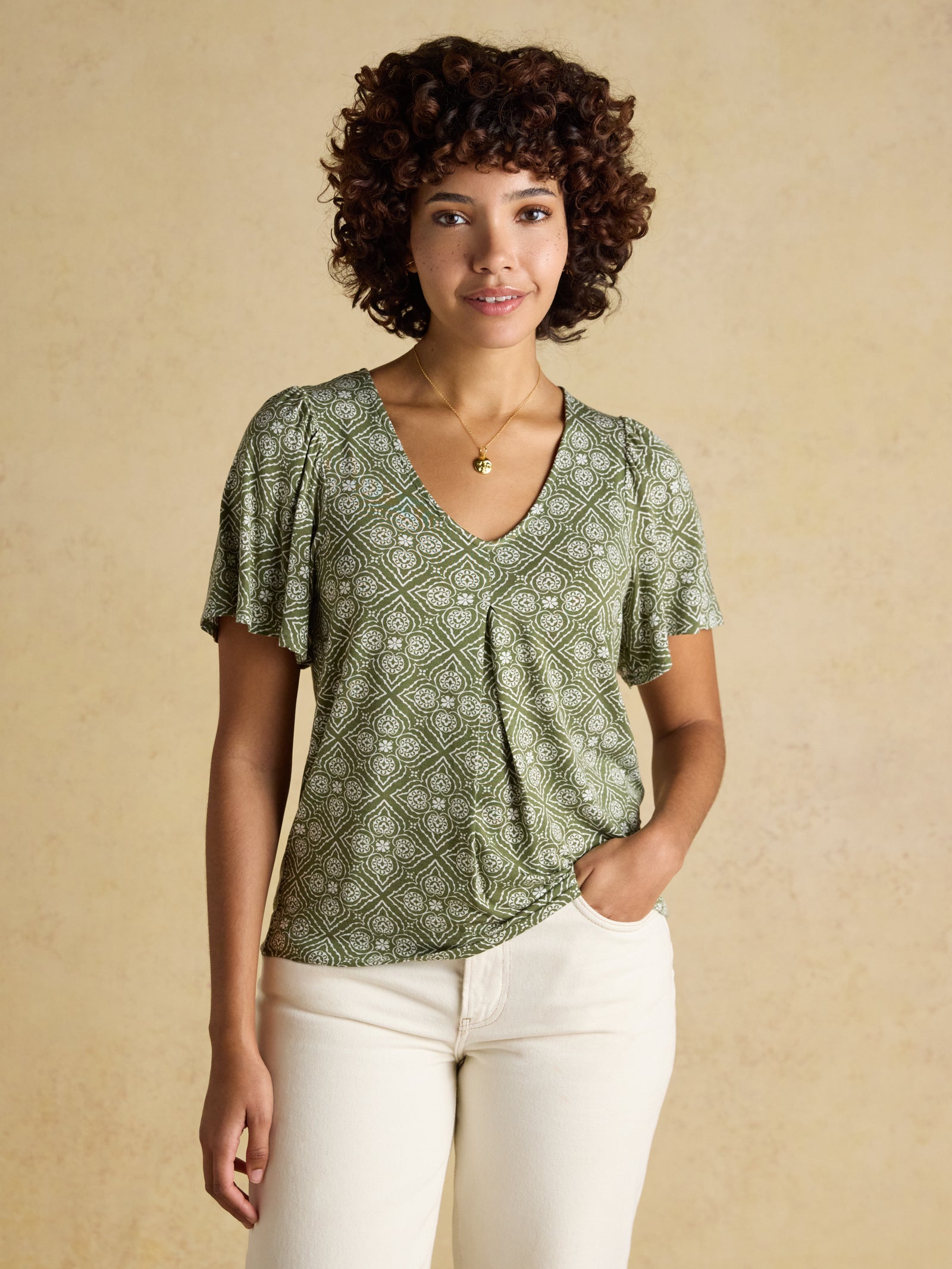 Joules Nia Green Pleat Front Short Sleeve Jersey Top