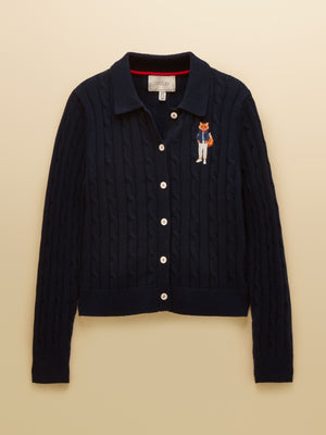 Joules Navy Jonty Fox Embroided Cotton Cable Knit Collared Cardigan