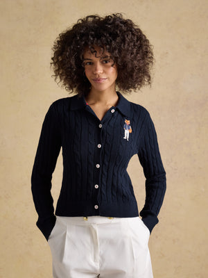 Joules Navy Jonty Fox Embroided Cotton Cable Knit Collared Cardigan