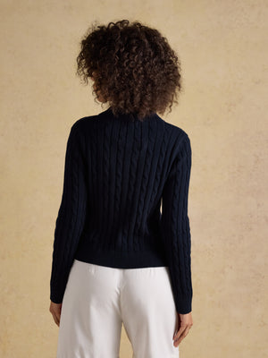 Joules Navy Jonty Fox Embroided Cotton Cable Knit Collared Cardigan