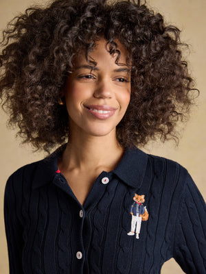 Joules Navy Jonty Fox Embroided Cotton Cable Knit Collared Cardigan