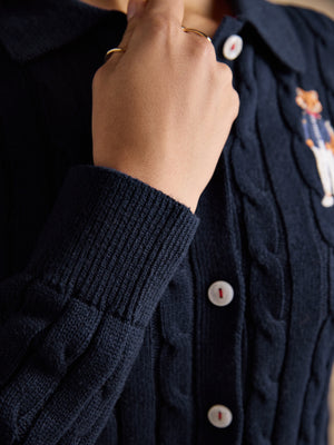 Joules Navy Jonty Fox Embroided Cotton Cable Knit Collared Cardigan