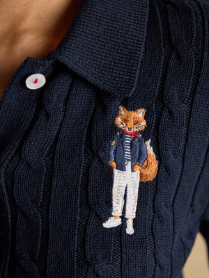 Joules Navy Jonty Fox Embroided Cotton Cable Knit Collared Cardigan