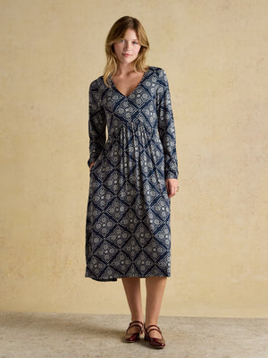 Joules Nia Navy Geo V-Neck Long Sleeve Midi Jersey Dress