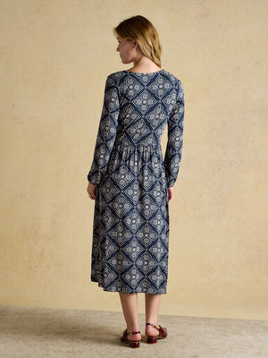 Joules Nia Navy Geo V-Neck Long Sleeve Midi Jersey Dress