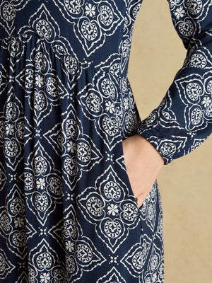 Joules Nia Navy Geo V-Neck Long Sleeve Midi Jersey Dress